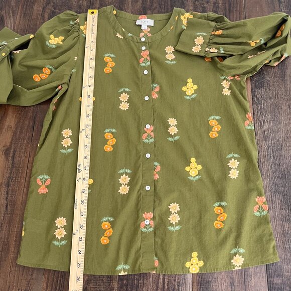 Loft Outlet Floral Button Down Blouse Balloon Sleeve Fall Boho Size Medium Green - Picture 11 of 15